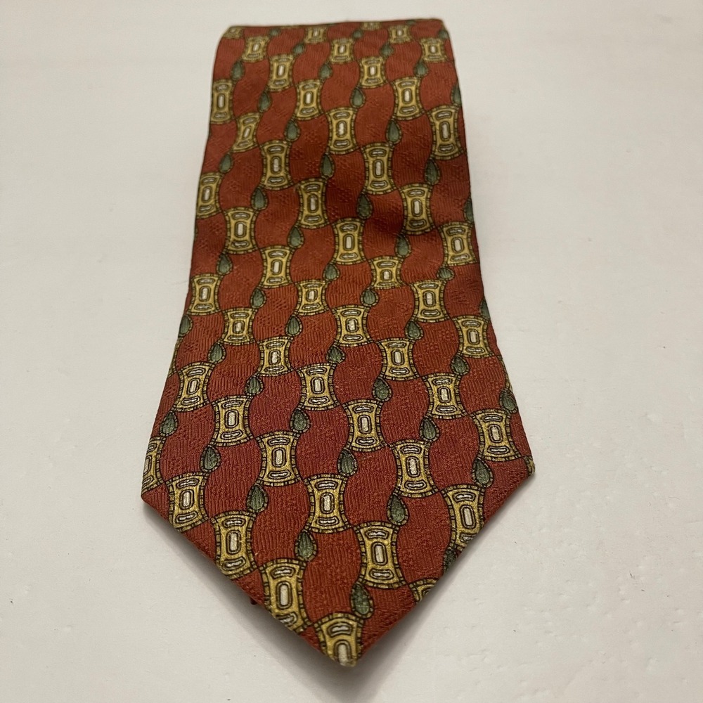 Countess Mara Silk Tie Mens Rust Orange Green Geometric Medallion Made in USA‎